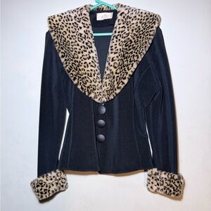 Cache Black Blazer with Leopard Print Collar and Cuffs
